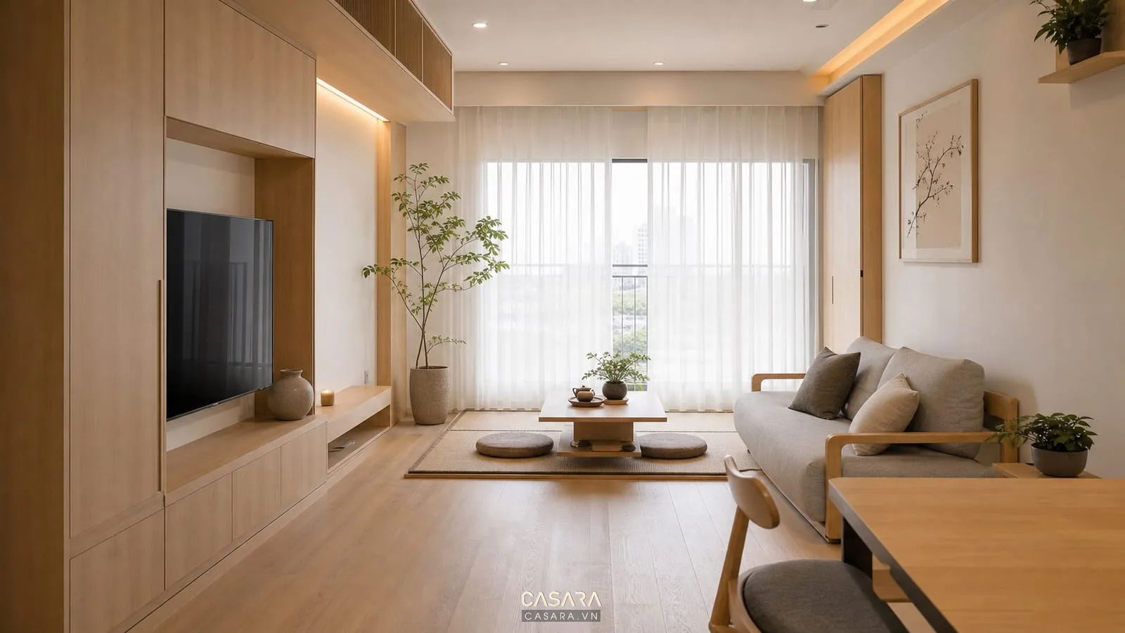 Nội thất chung cư phong cách Nhật Bản với gỗ sáng và bàn thấp