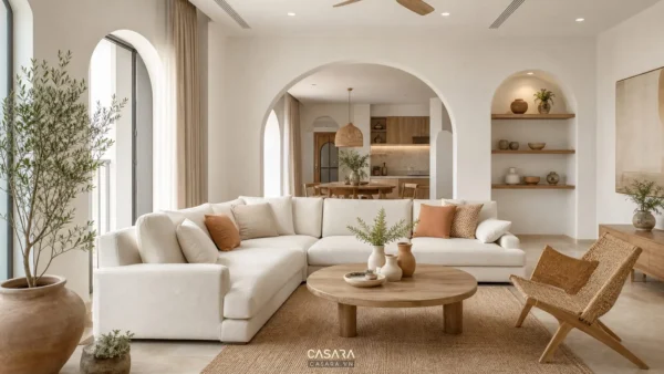 Phòng khách phong cách thiết kế nội thất địa trung hải với sofa sáng màu và vòm cong