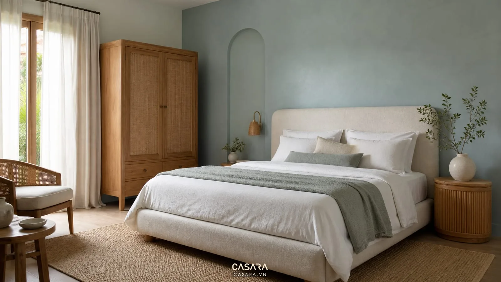 Phòng ngủ phong cách thiết kế nội thất địa trung hải với giường sáng màu và rèm linen