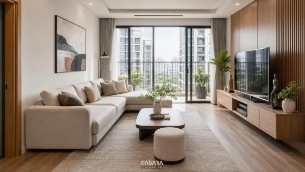 phòng khách căn hộ hiện đại có sofa kệ tivi và ánh sáng ban công