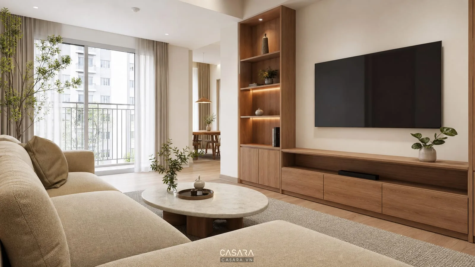 phòng khách căn hộ với kệ tivi gỗ sofa vải và thảm trung tính