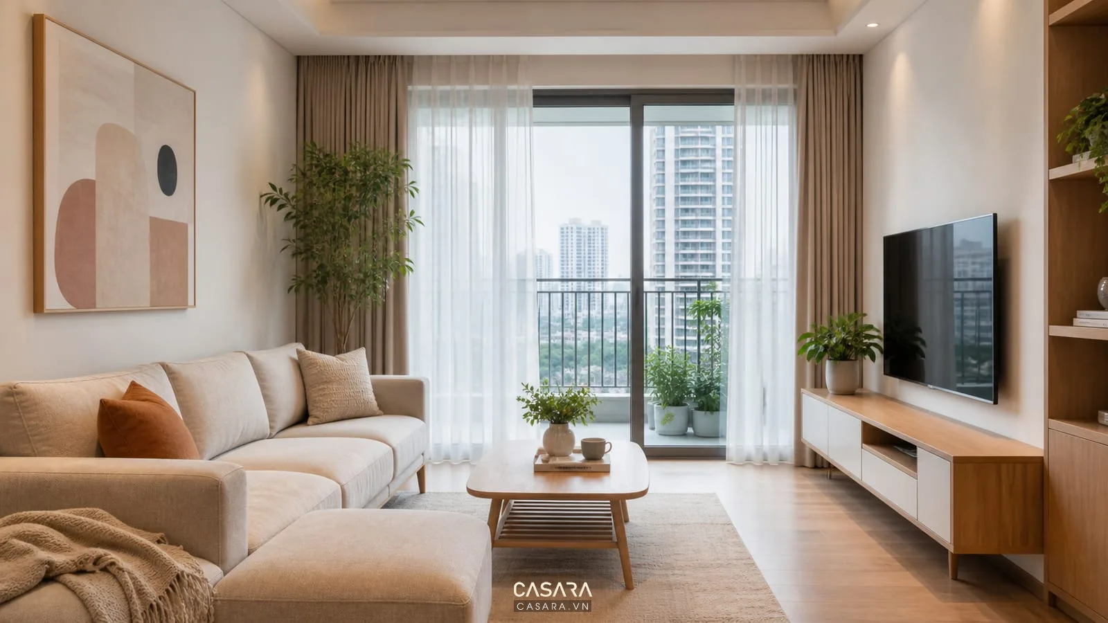 Căn hộ 2 phòng ngủ sang trọng với phòng khách kệ tivi đá và sofa vải