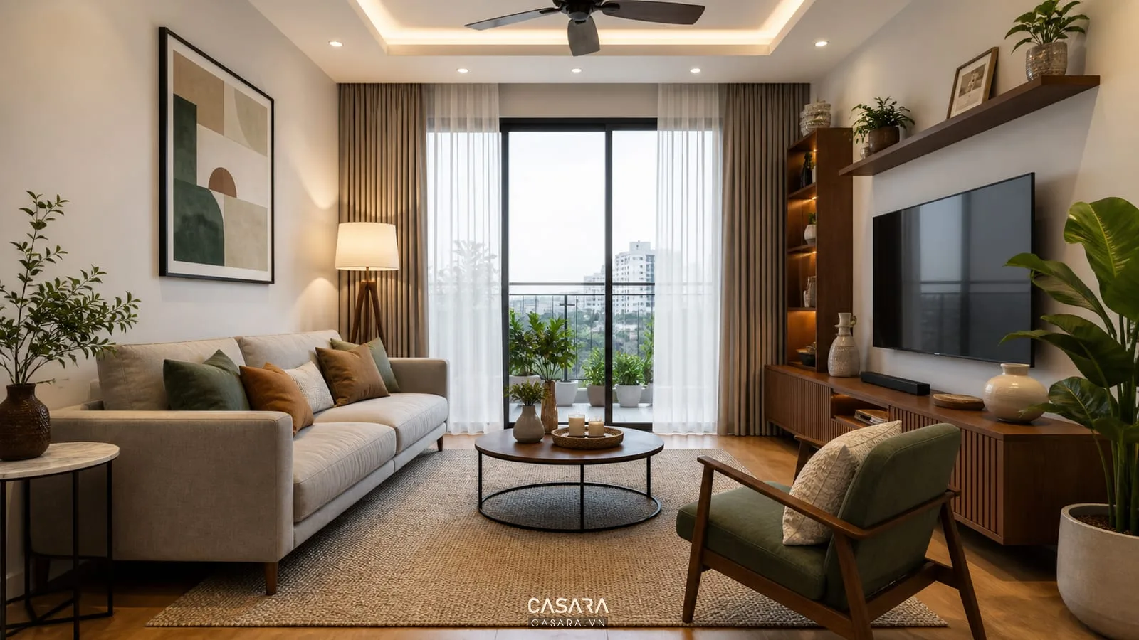phòng khách đẹp chung cư tối giản với sofa sáng màu