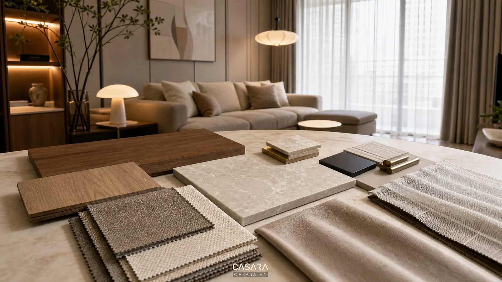 bảng vật liệu phòng khách chung cư có mẫu gỗ vải sofa đá vân nhẹ màu sơn thảm và rèm