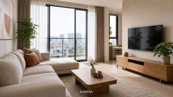 phòng khách căn hộ đẹp hiện đại với sofa và kệ tivi gỗ