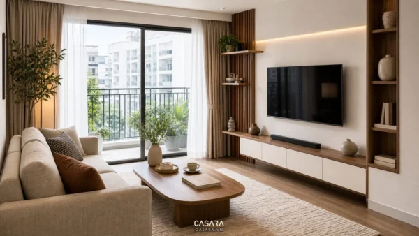 phòng khách đẹp hiện đại với sofa vải trung tính bàn trà gỗ thấp thảm sáng màu kệ tivi gọn và ánh sáng tự nhiên từ cửa kính