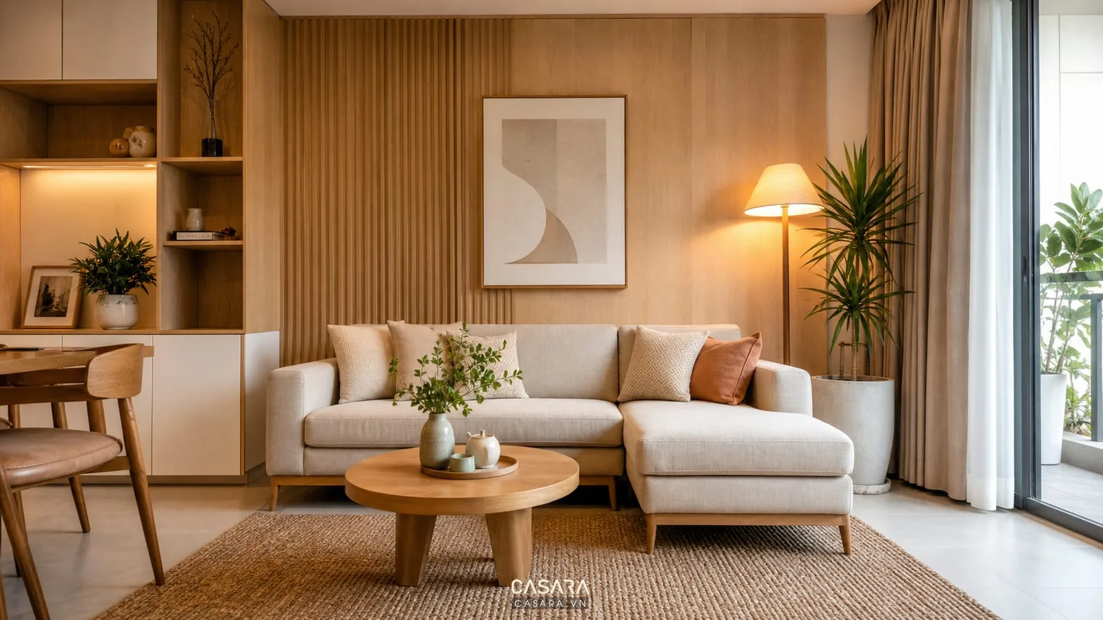 phòng khách hiện đại đẹp phong cách ấm với sofa vải be vách gỗ sáng bàn trà tròn thảm dệt và đèn đứng ánh sáng vàng