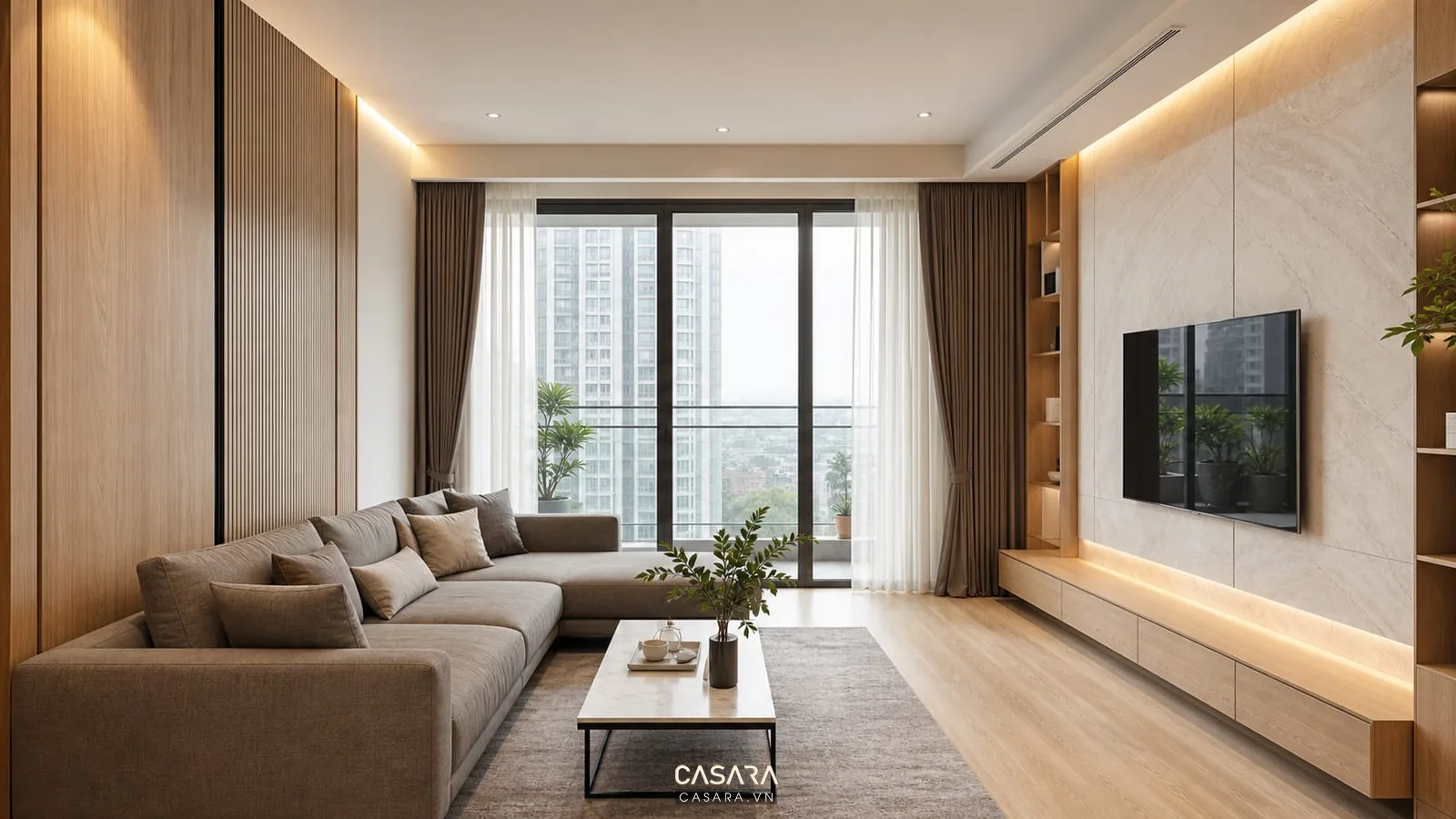 phòng khách đẹp hiện đại dùng gỗ sáng mặt đá vân nhẹ sofa vải ghi ấm chi tiết kim loại đen mờ và ánh sáng hắt tường