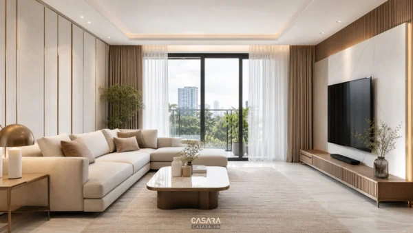 phòng khách đẹp sang trọng có sofa màu trung tính bàn trà mặt đá thảm sáng màu kệ tivi gọn rèm cao và ánh sáng tự nhiên