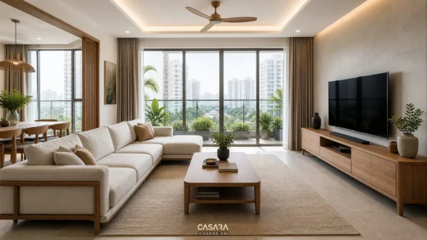 Phòng khách hiện đại đẹp với sofa sáng màu, bàn trà, kệ tivi gỗ, thảm và cửa kính lớn