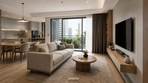 Phòng khách chung cư đẹp hiện đại liên thông bếp với sofa chữ I, bàn trà tròn, kệ tivi và ban công sáng