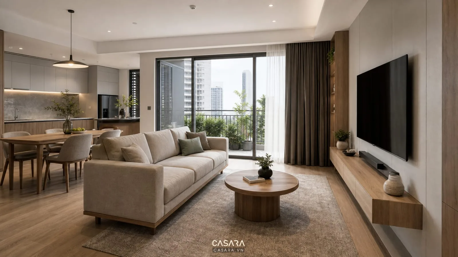 nội thất phòng khách đẹp với sofa bàn trà và kệ tivi hiện đại