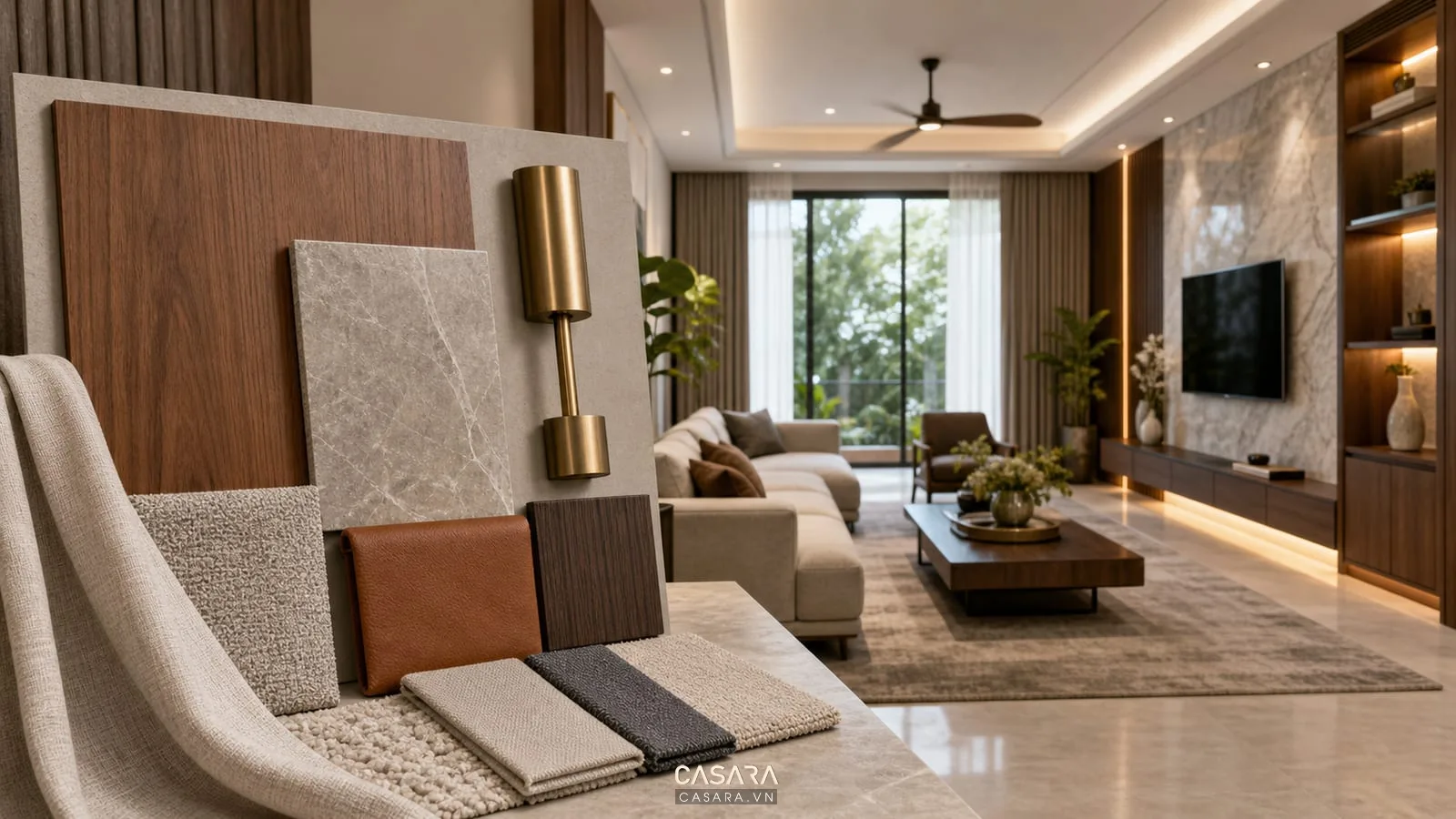 Trang trí phòng khách hiện đại màu trung tính với sofa sáng thảm dệt bàn trà gỗ và rèm vải
