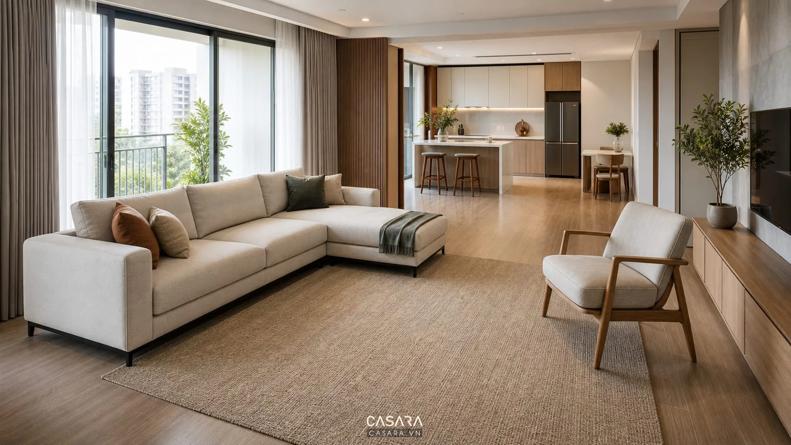 phòng khách không có bàn trà với sofa chữ L thảm trung tính và lối đi rộng