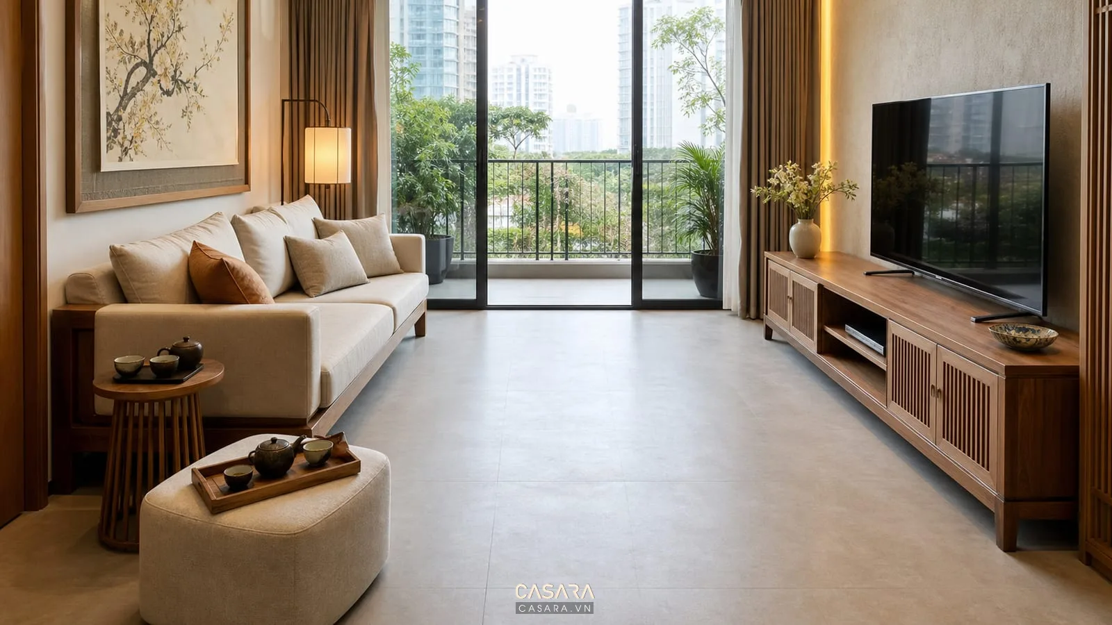 phòng khách không bàn trà với bàn phụ cạnh sofa đôn mềm và khay trà rời