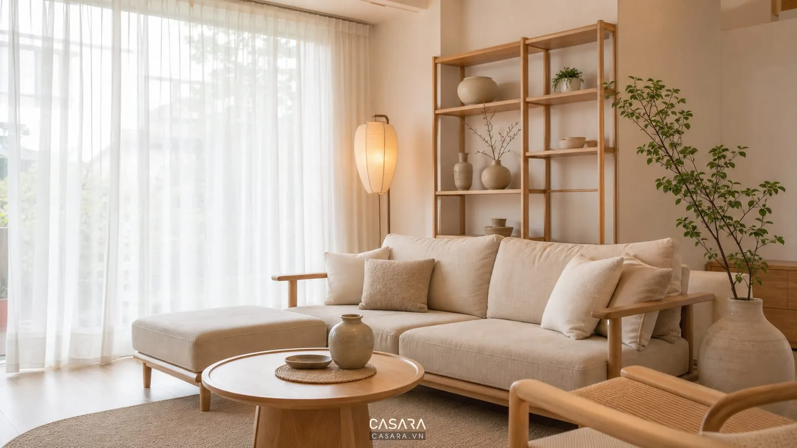 decor phong cách Hàn Quốc với gỗ sáng rèm voan thảm be và đèn ánh vàng