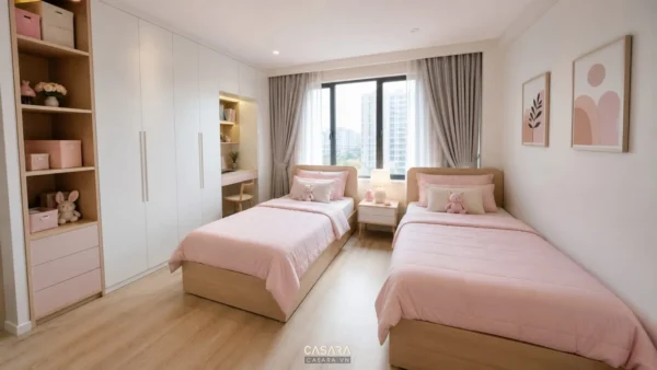 phòng ngủ 2 bé gái với hai giường đơn và tủ âm tường sáng màu