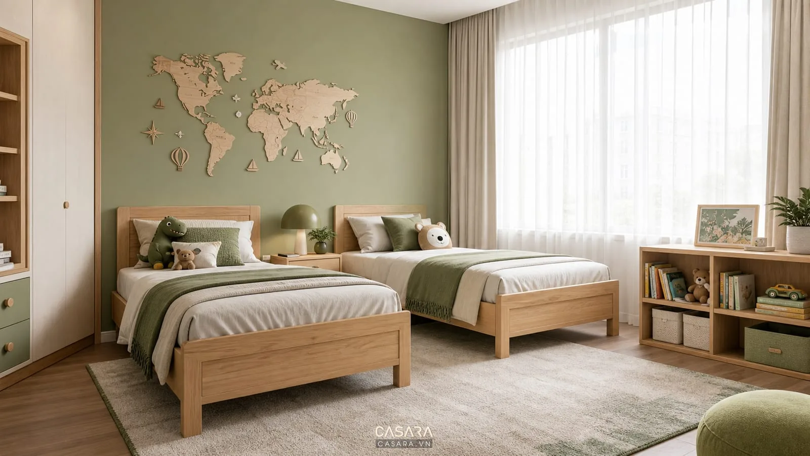 Phòng ngủ bé trai đẹp với hai giường gỗ sáng, tường xanh olive, tranh bản đồ, rèm trắng và kệ sách thấp