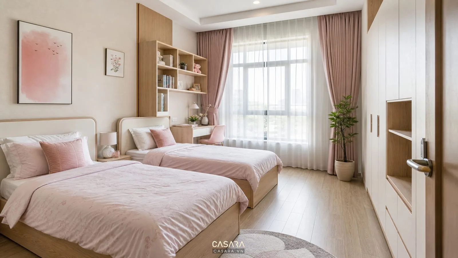 phòng ngủ bé gái đơn giản có hai giường đơn song song và lối đi giữa giường