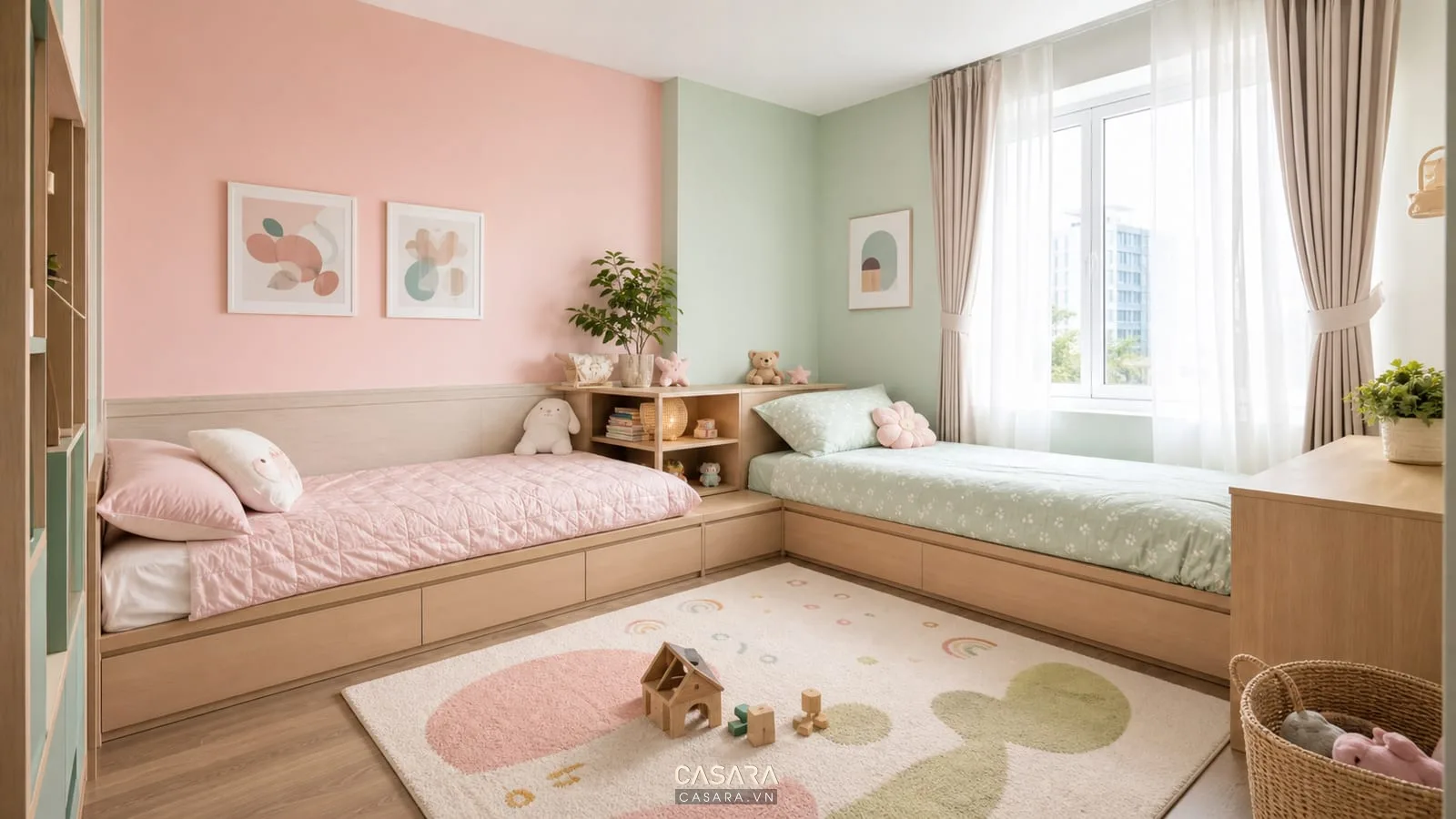 thiết kế phòng ngủ cho bé gái với hộc kéo dưới giường và tủ lưu trữ gọn gàng