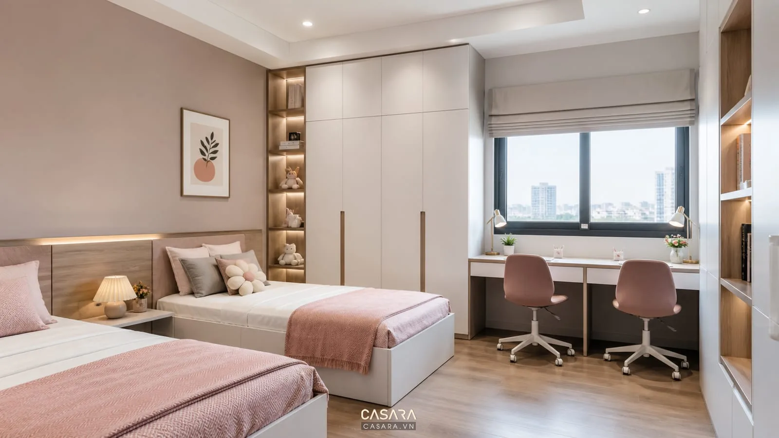Phòng ngủ 2 bé gái với bàn học đôi và ánh sáng cửa sổ