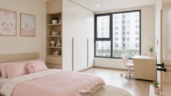phòng ngủ bé gái đơn giản có giường thấp tủ trắng và bàn học nhỏ