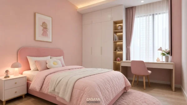 phòng ngủ bé gái màu hồng pastel với giường và bàn học