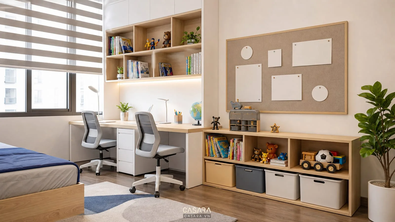 decor phòng ngủ cho bé trai với bàn học đôi kệ sách và hộp lưu trữ