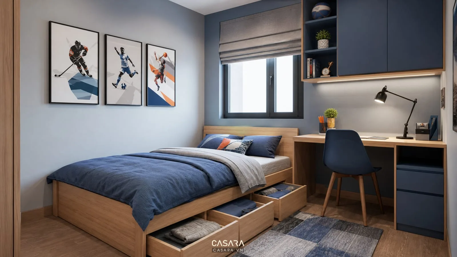 Phòng ngủ bé trai gam xanh xám với giường hộc kéo và bàn học nhỏ gọn