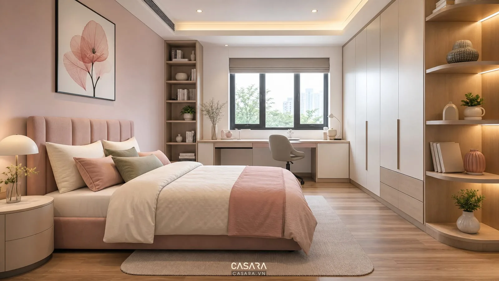 phòng ngủ đẹp cho con gái có giường sát tường bàn học cửa sổ và tủ áo
