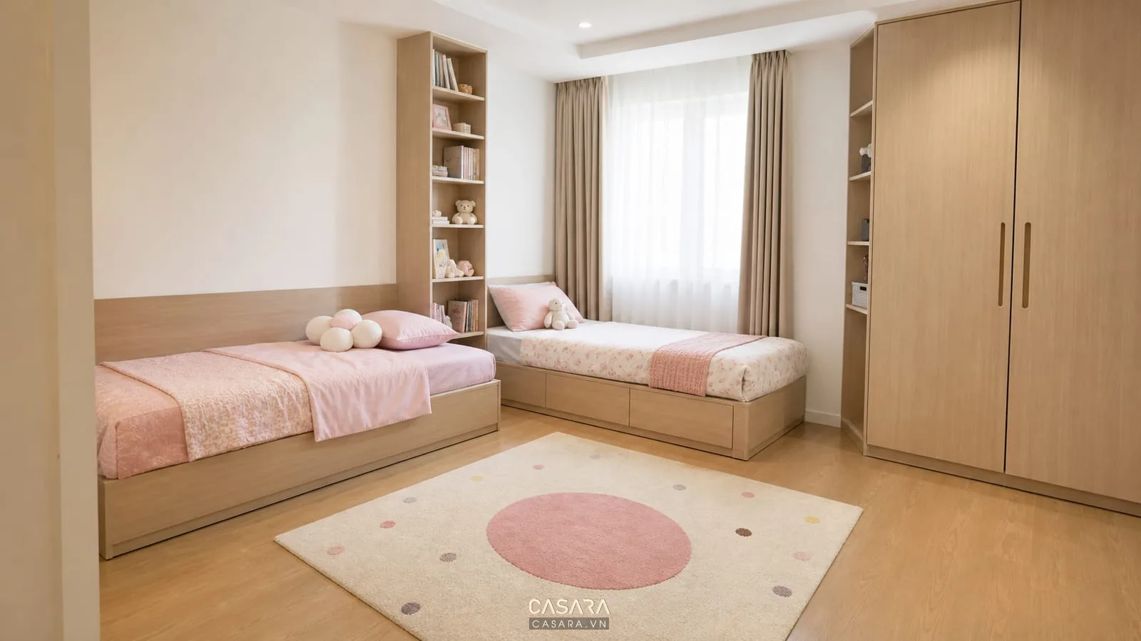 Phòng riêng cho bé gái có góc đọc sách và kệ đồ cá nhân