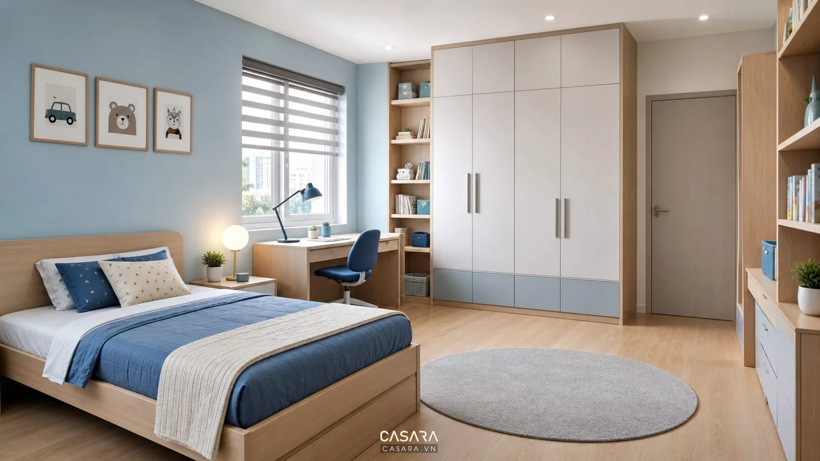 phòng ngủ đẹp cho bé trai có giường đơn gỗ sáng tường xanh nhạt bàn học nhỏ tủ áo gọn kệ sách và ánh sáng tự nhiên