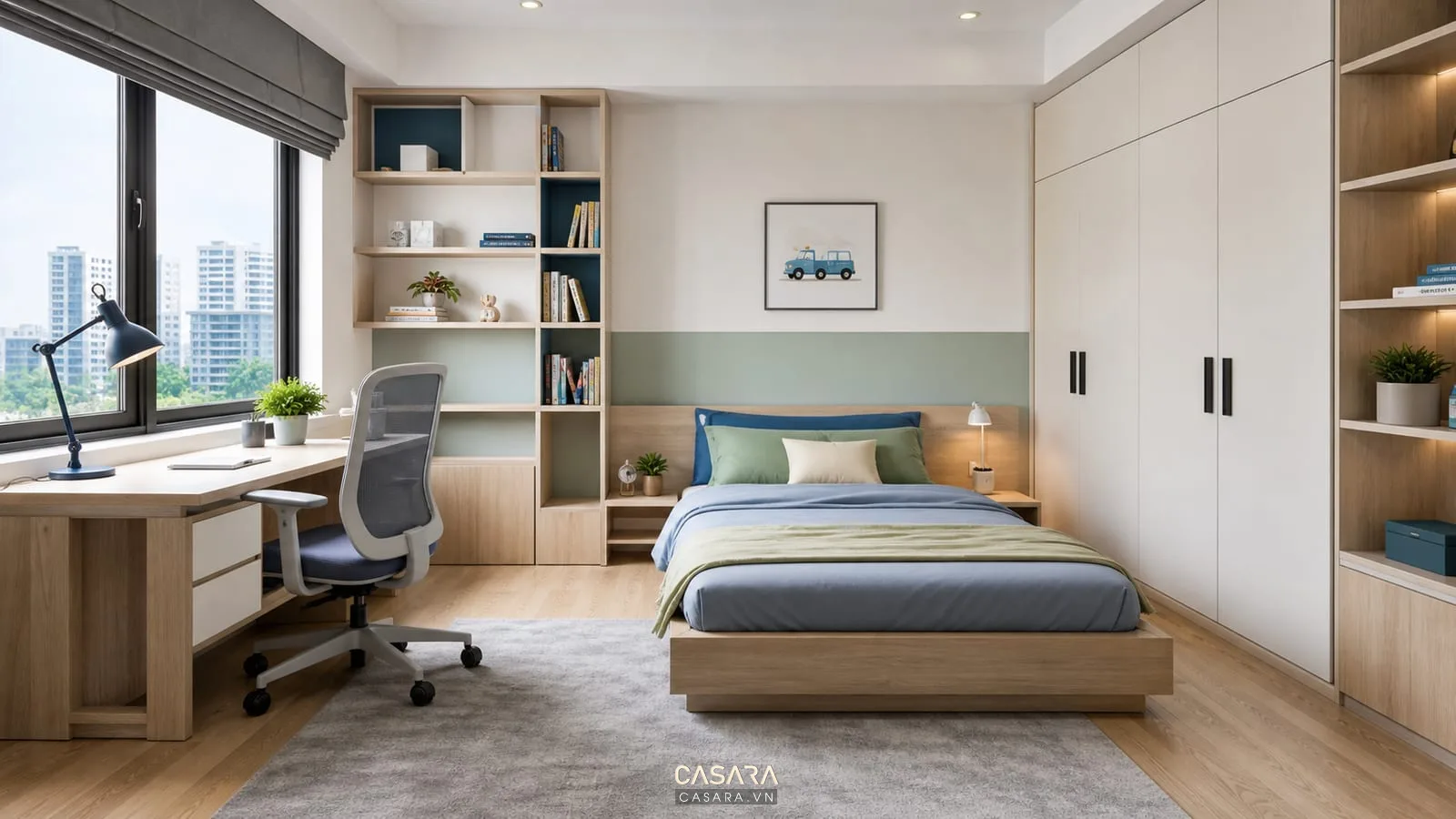 phòng đẹp cho bé trai có bàn học cạnh cửa sổ kệ sách treo tường giường đơn thấp tủ quần áo trắng và màu gỗ sáng