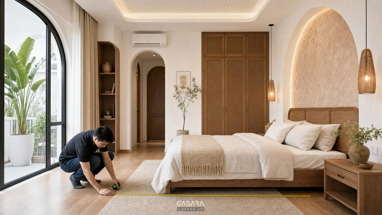 đo đạc phòng ngủ địa trung hải với thước cuộn và mảng tường đầu giường