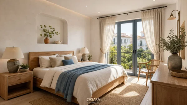 Phòng ngủ phong cách địa trung hải với giường ngủ gỗ sáng màu, tường trắng vôi, rèm linen và ánh sáng tự nhiên trong nhà phố hoặc căn hộ cao cấp