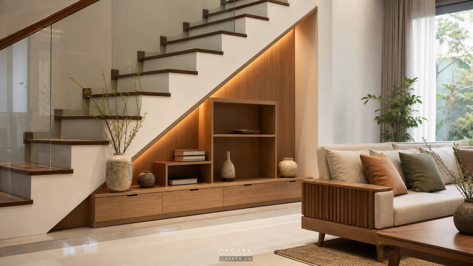 Kệ trang trí gầm cầu thang với sách đồ decor và bình gốm trong phòng khách sang trọng