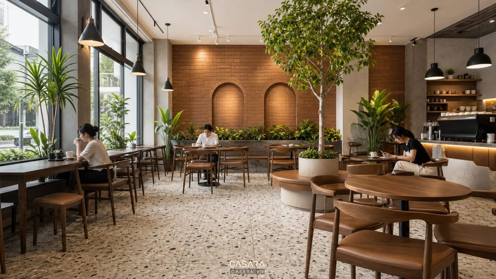 Nội thất cafe đẹp với gỗ tự nhiên ghế bọc nệm và đèn treo ấm