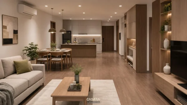 Mặt bằng thiết kế chung cư với phòng khách liền bếp và lối đi rõ