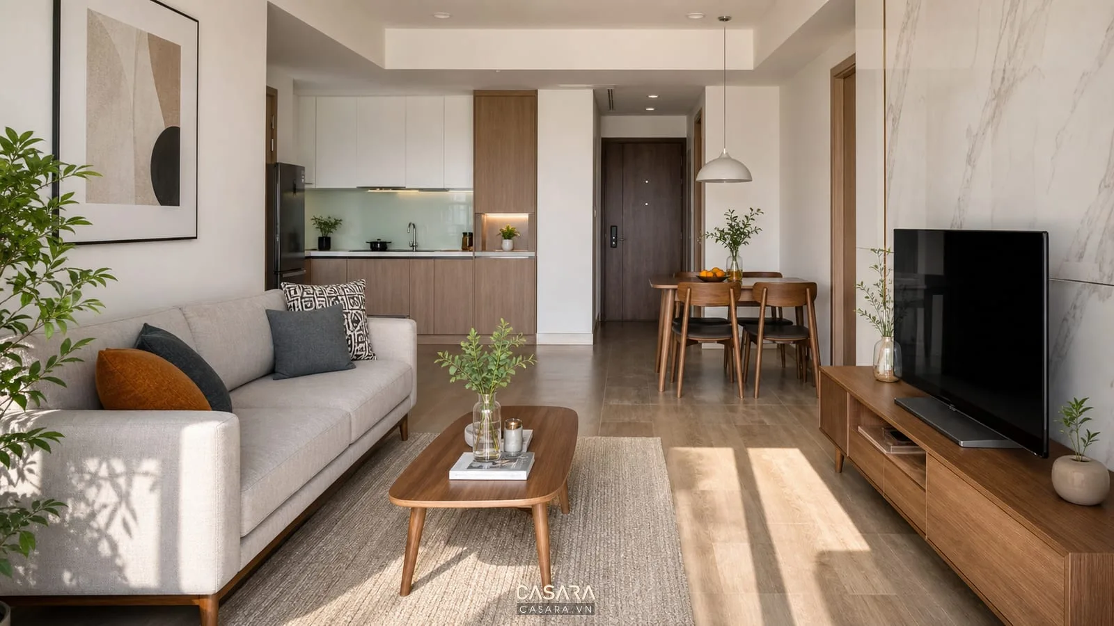 Phòng khách chung cư hiện đại với sofa bàn ăn bếp và lối đi thoáng