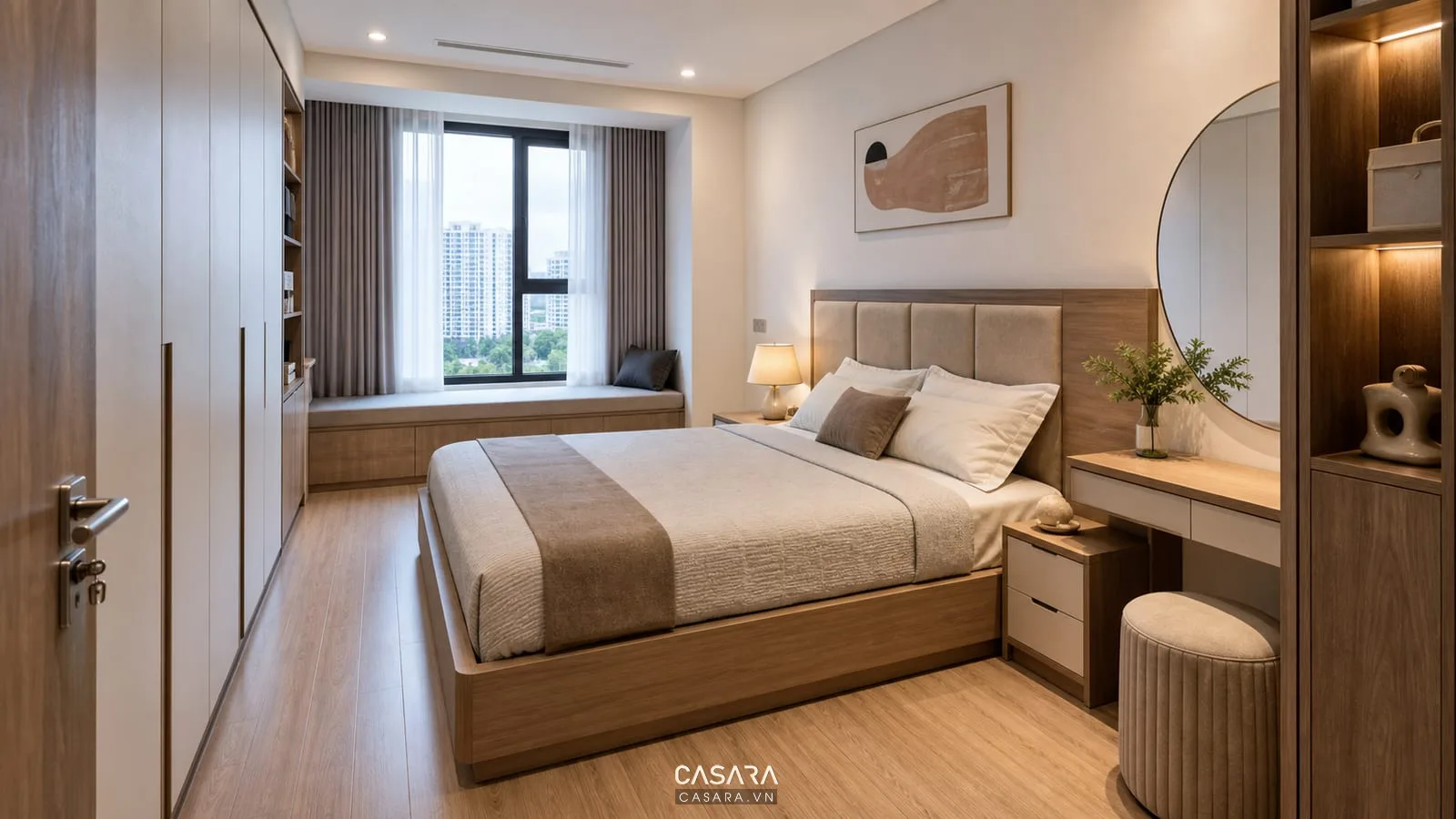 Phòng ngủ chung cư với giường tủ áo âm tường và lối đi quanh giường