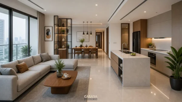 Mặt bằng nội thất căn hộ chung cư cao tầng phòng khách bếp mở