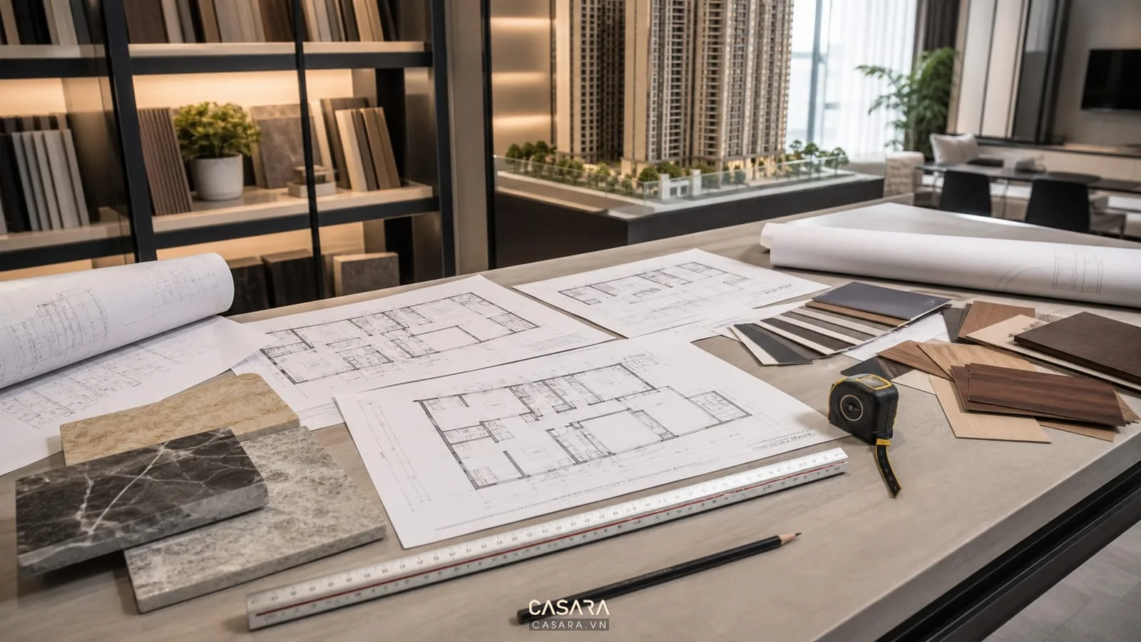 Bản vẽ thiết kế chung cư cao tầng cùng mẫu vật liệu nội thất