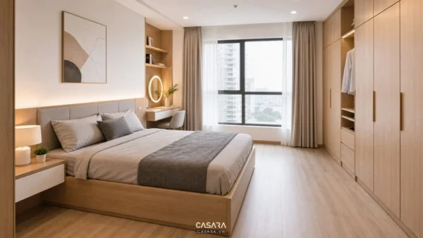 Phòng ngủ chung cư hiện đại có giường đôi, bàn trang điểm cạnh cửa sổ và hệ tủ quần áo kịch trần