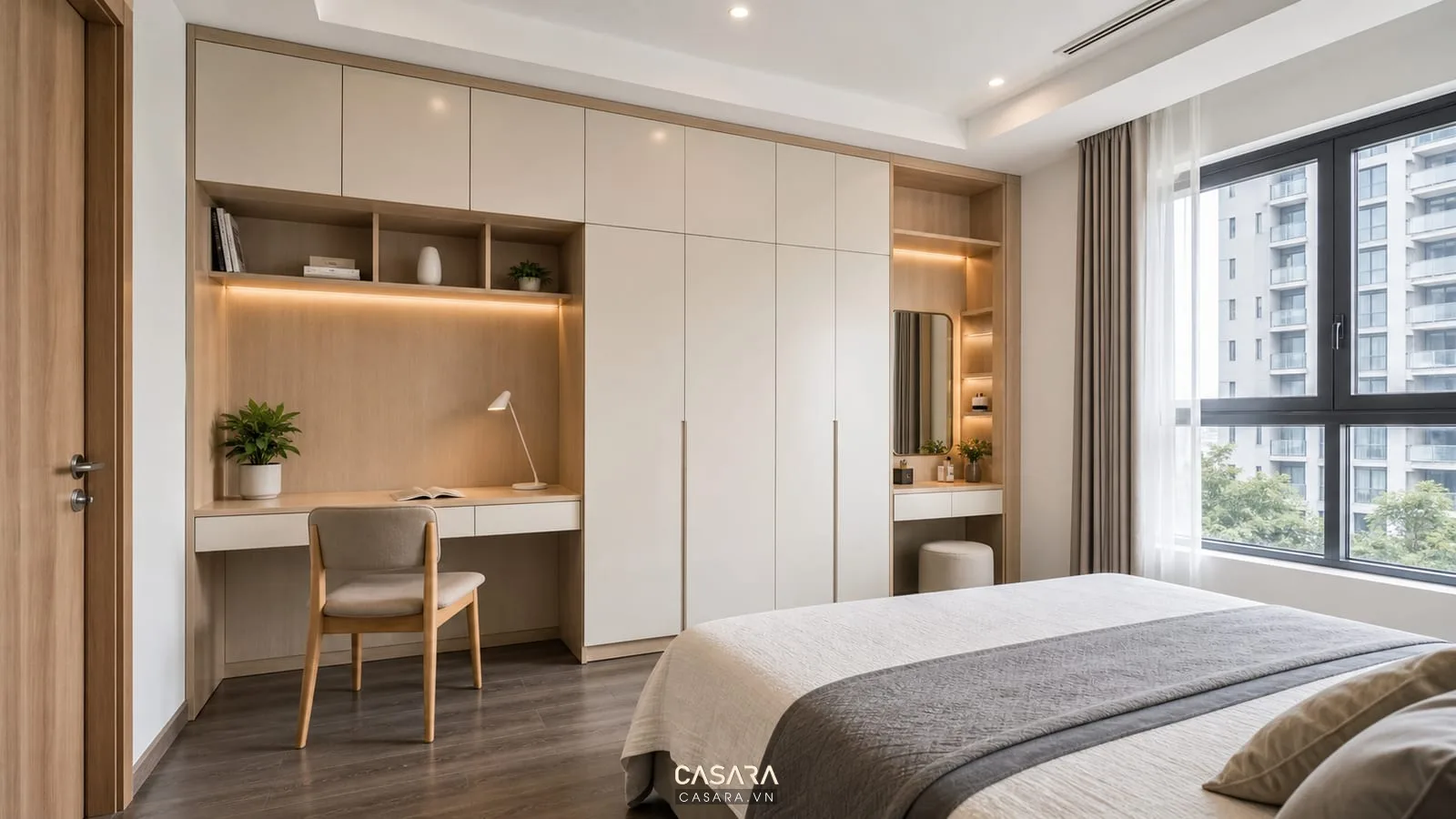 Hệ tủ phòng ngủ chung cư với tủ quần áo kịch trần bàn làm việc và bàn trang điểm gọn