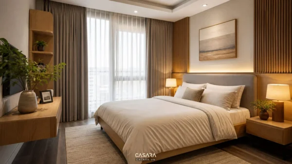 Phòng ngủ chung cư có rèm hai lớp, đèn đầu giường và vách ốp gỗ