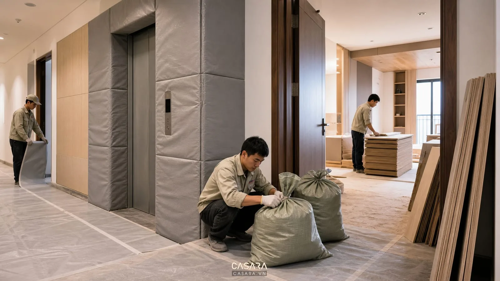 Đội thi công nội thất chung cư đóng bao rác và xếp vật liệu gọn trong thời gian thi công ở chung cư