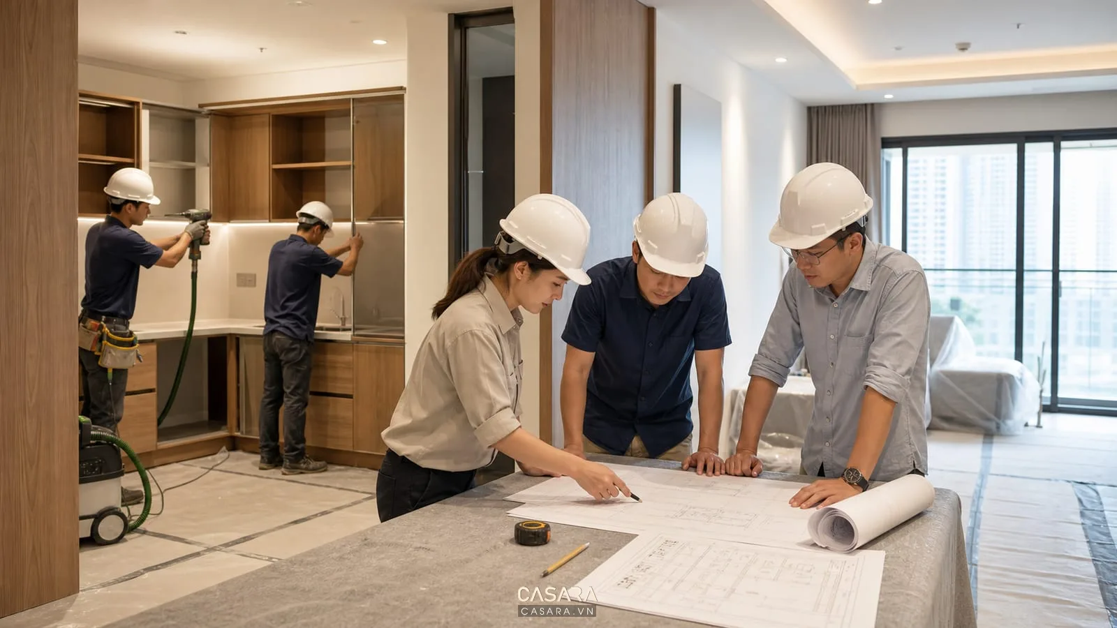 Đội thiết kế thi công nội thất kiểm tra bản vẽ và lắp tủ bếp theo quy định thi công chung cư