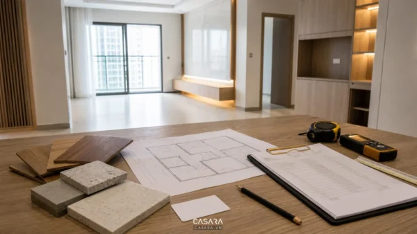 Bản vẽ mặt bằng, mẫu vật liệu và dụng cụ đo đặt trên bàn trong căn hộ chung cư