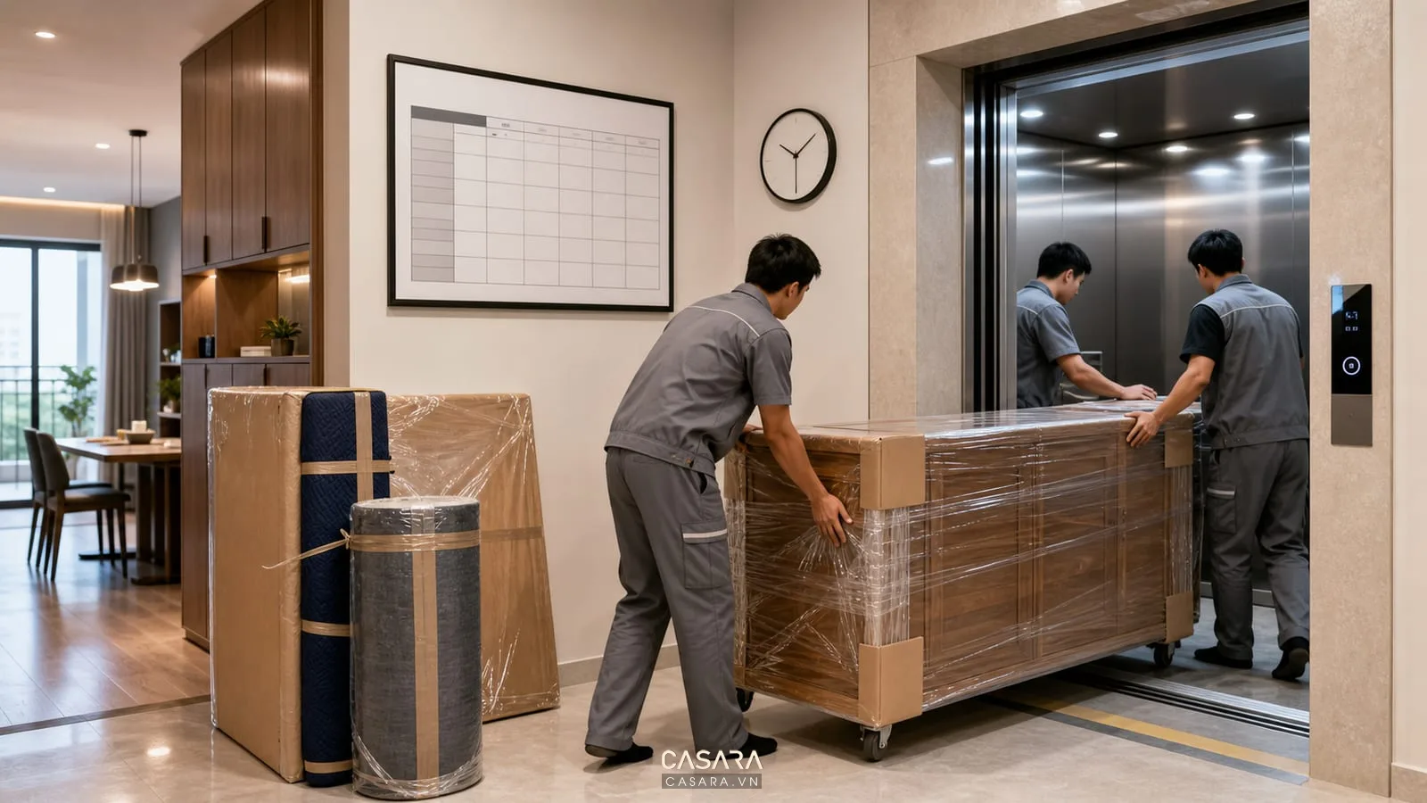 Giờ thi công ở chung cư với lịch thi công nội thất, thang hàng và đội vận chuyển tủ gỗ được bọc bảo vệ