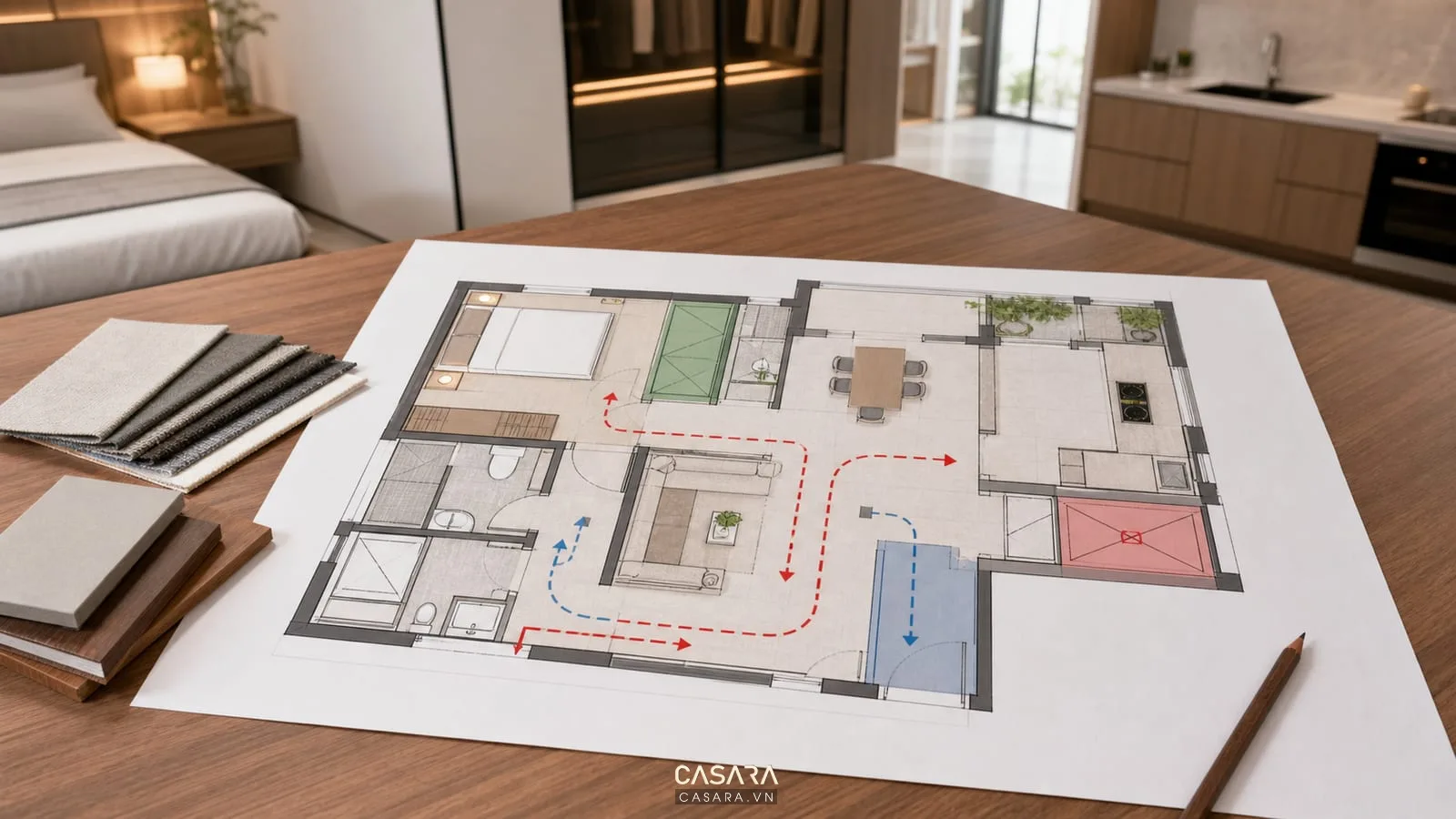 Bản vẽ mặt bằng chung cư với lối đi quanh giường tủ áo khu bếp và tuyến vận chuyển nội thất